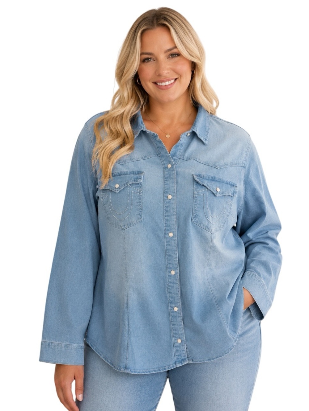 TRUE RELIGION Western Denim Shirt Plus Size Light Wash Snap Front NWT